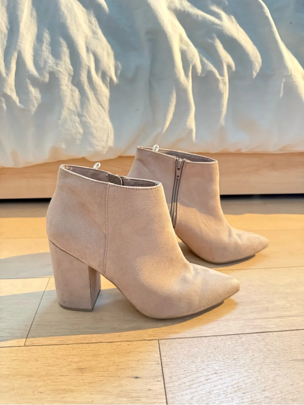 Divided Suede Pointed Ankle Booties in Taupe